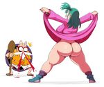  1boy 1girl 80s aqua_hair ass bare_legs beasts blood blue_eyes bottomless braid breasts bulma butt_crack curvy dragon_ball eric_lowery female huge_ass large_breasts long_hair no_panties old_man pantyshot plump ponytail shiny_skin shoes side_ponytail smile solo spread_legs standing thick_thighs wide_hips 