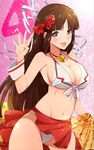  4 :d alternate_costume bikini blush bow brown_eyes brown_hair commentary_request contrapposto cowboy_shot front-tie_bikini front-tie_top hair_bow hair_ribbon hime_cut hiyou_(kantai_collection) jewelry kantai_collection long_hair looking_at_viewer magatama makumaxu navel number open_mouth pendant ribbon sarong smile solo standing swimsuit very_long_hair white_bikini white_ribbon wrist_cuffs 