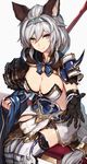  animal_ears black_gloves boots braid breasts brown_eyes cleavage erune gloves granblue_fantasy hair_between_eyes hair_tubes hairband heles highres large_breasts long_hair looking_at_viewer outstretched_hand oyu_(sijimisizimi) pauldrons polearm silver_hair simple_background single_braid single_glove sitting smile solo thigh_boots thighhighs very_long_hair weapon white_background white_legwear 
