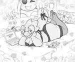  &lt;3 2017 alphys anthro bed book bow breasts butt cleavage clothed clothing computer dinosaur english_text eyewear female glasses lingerie looking_at_viewer monochrome onnanoko scalie smile solo sweat teeth text undertale video_games 