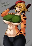  abs absurd_res anthro areola big_breasts blush breasts clothed clothing english_text feline female gloves green_eyes hair hat hi_res mammal midriff muscular muscular_female nipple_bulge saffron_(safurantora) safurantora solo text tiger under_boob 