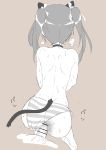  1boy 1girl absurdres anal animal_ears ass breath brown_background cat_ears cat_tail choker doggystyle francesca_lucchini hair_ornament hair_ribbon hetero highres monochrome panties penis ribbon sex side-tie_panties simple_background standing_sex strike_witches striped striped_panties sweat sweatdrop tail tavor_(m_tavor) twintails underwear world_witches_series 