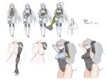  1girl alternate_costume animal_ears asymmetrical_clothes asymmetrical_pants bangs bare_legs bare_shoulders black_leotard blue_eyes braid breasts cape character_sheet commentary_request framed_breasts girls_frontline gloves grey_hair jacket ksvk_(girls_frontline) large_breasts leg_strap leotard long_hair looking_at_viewer mechanical_arm multiple_views pandea_work ponytail pouch ribbed_leotard solo strap very_long_hair 