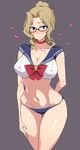  alternate_hairstyle arm_behind_head bespectacled bishoujo_senshi_sailor_moon black-framed_eyewear blonde_hair blue_eyes blue_panties blue_sailor_collar blush bow bra breasts choker cleavage closed_mouth commentary_request cosplay cowboy_shot girls_und_panzer glasses grey_background hair_intakes hair_up heart highres kay_(girls_und_panzer) large_breasts looking_at_viewer mordeth navel panties red_bow sailor_collar sailor_moon sailor_moon_(cosplay) sailor_moon_narikiri_bra_set sailor_senshi_uniform scrunchie short_hair short_ponytail simple_background smile solo standing stomach underwear underwear_only white_bra wide_hips 