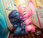  2017 alien angel_(lilo_and_stitch) antennae arm_grab bathroom black_claws blue_fur claws cuddling cute depth_of_field detailed_background digital_media_(artwork) disney dutch_angle experiment_(species) eyes_closed fur grumpy lilo_and_stitch narico pink_fur romantic_couple signature smile spill stitch toothbrush toothpaste 