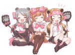  3girls ^_^ animal_ears ankle_boots bandana bangs bare_shoulders bear_ears bear_girl bear_paw_hammer belt bergman's_bear_(kemono_friends) bike_shorts black_footwear black_gloves black_legwear black_shorts black_skirt blush boots bow breast_pocket breasts brown_footwear brown_gloves brown_hair brown_legwear brown_skirt closed_eyes collared_shirt dot_nose elbow_gloves eyebrows eyebrows_visible_through_hair eyelashes ezo_brown_bear_(kemono_friends) facing_viewer frilled_skirt frills full_body fur-trimmed_boots fur-trimmed_gloves fur_trim gloves gradient_hair grey_hair hair_bow hair_ornament hair_scrunchie happy heart high-waist_skirt highres holding holding_weapon jpeg_artifacts kemono_friends knee_up kodiak_bear_(kemono_friends) large_breasts legs_together light_brown_hair long_hair low_twintails mary_janes medium_breasts multicolored_hair multiple_girls neck_ribbon necktie open_mouth pink_belt pink_bow pink_neckwear pink_ribbon pocket ribbon rojiko scrunchie shadow shirt shoes short_hair short_twintails shorts shorts_under_skirt simple_background sitting skirt sleeveless sleeveless_shirt smile swept_bangs teeth thighhighs twintails two-tone_hair upper_teeth weapon white_background white_scrunchie white_shirt wing_collar yokozuwari zettai_ryouiki |d 