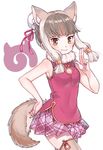  &gt;:) animal_ears armpit_peek bangs bare_arms beige_legwear blunt_bangs blush body_blush breasts brown_hair bun_cover chinese_clothes cleavage cleavage_cutout covered_navel cowboy_shot dudou eyebrows eyelashes fingernails floating_hair flower_knot frills fur_collar hair_bun hair_ribbon hand_on_hip hand_up japari_symbol jpeg_artifacts kemono_friends light_brown_hair looking_at_viewer mongolian_wolf_(kemono_friends) multicolored_hair nail_polish orange_eyes pink_lips pink_nails pink_ribbon pink_shirt plaid plaid_skirt pleated_skirt purple_skirt ribbon rojiko salute shiny shiny_hair shirt side_slit sideboob sidelocks simple_background skirt sleeveless sleeveless_shirt small_breasts smile solo tail thighhighs tress_ribbon tsurime two-finger_salute v-shaped_eyebrows white_background white_hair wolf_ears wolf_tail zettai_ryouiki 