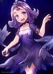  acerola_(pokemon) arm_up armlet blush breasts cleavage dress elite_four flipped_hair hair_ornament hairclip highres holding holding_poke_ball looking_at_viewer niwashi_(yuyu) open_mouth poke_ball pokemon pokemon_(game) pokemon_sm purple_background purple_eyes purple_hair short_hair short_sleeves simple_background small_breasts solo trial_captain twitter_username 