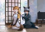  animal_ears black_gloves black_hair black_legwear blonde_hair brown_eyes closed_eyes comb combing controller elbow_gloves ezo_red_fox_(kemono_friends) fox_ears fox_tail game_controller gloves hairdressing highres indoors jacket kemono_friends long_hair multicolored_hair multiple_girls open_mouth pantyhose silver_fox_(kemono_friends) silver_hair sitting skirt smile tail television treeware two-tone_hair wariza white_hair white_legwear yellow_legwear 