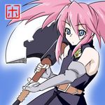 1girl axe bare_shoulders belt blue_eyes dress elbow_gloves fingerless_gloves gloves long_hair pink_hair presea_combatir tales_of_(series) tales_of_symphonia twintails weapon 