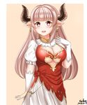  alicia_(granblue_fantasy) artist_name bangs blunt_bangs blush bow breasts cleavage cross cross_earrings dated draph dress earrings eyebrows_visible_through_hair gloves granblue_fantasy highres horns jewelry large_breasts long_hair looking_at_viewer open_mouth pointy_ears puffy_short_sleeves puffy_sleeves red_eyes short_sleeves silver_hair smile solo tuchan underboob underboob_cutout white_gloves 