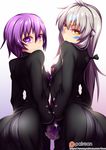  aisha_(elsword) ass breasts butler elsword eve_(elsword) facial_mark female_butler fi-san forehead_jewel formal gloves gradient gradient_background hair_between_eyes heart heart-shaped_pupils holding_hands large_breasts long_hair looking_at_viewer looking_back multiple_girls purple_eyes purple_hair short_hair smile standing suit symbol-shaped_pupils tailcoat white_hair yellow_eyes 