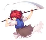  &gt;:) bangs blue_vest breasts clenched_teeth commentary_request grin holding holding_weapon incoming_attack kaiza_(rider000) large_breasts looking_at_viewer onozuka_komachi profile puffy_short_sleeves puffy_sleeves red_eyes red_hair scythe short_sleeves smile solo teeth touhou transparent_background two_side_up upper_body v-shaped_eyebrows vest weapon 