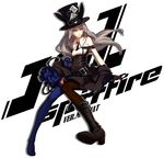  bare_shoulders belt belt_pouch black_footwear boots cross-laced_footwear elbow_gloves garter_straps girls_frontline gloves grey_hair gun handgun hat highres holding lace-up_boots long_hair pistol pouch shoes silver_eyes single_boot single_shoe sleeveless spitfire_(girls_frontline) thighhighs top_hat weapon 