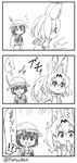  2girls 3koma :3 animal_ears artist_name backpack bag banana chibi comic eating emphasis_lines eyebrows_visible_through_hair food fruit gloves greyscale hat hat_feather helmet hungry kaban_(kemono_friends) kemono_friends looking_at_another monochrome multiple_girls panzuban pith_helmet serval_(kemono_friends) serval_ears shirt stomach_growling surprised sweat sweating_profusely translation_request 