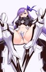  armor armored_boots ass bangs blue_ribbon boots breasts coat crotch_plate eyebrows eyebrows_visible_through_hair fate/extra fate/extra_ccc fate_(series) full_body hair_ribbon knee_pads long_hair long_sleeves looking_at_viewer meltlilith midriff navel no_pants partially_visible_vulva pointy_boots purple_eyes purple_hair revealing_clothes ribbon shuugetsu_karasu simple_background sitting small_breasts smug solo spread_legs white_background 