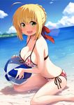  :d ahoge ball bangs bare_arms bare_legs bare_shoulders barefoot beachball bikini black_ribbon blonde_hair blue_sky blurry blush breasts cleavage cloud collarbone day depth_of_field eyebrows_visible_through_hair fate/extra fate/extra_ccc fate_(series) front-tie_bikini front-tie_top green_eyes hair_ribbon heart heart_print highres holding holding_ball large_breasts leaning_forward lens_flare looking_at_viewer looking_to_the_side nero_claudius_(fate) nero_claudius_(fate)_(all) ocean open_mouth outdoors pink_bikini print_bikini red_ribbon ribbon short_hair side-tie_bikini sidelocks sitting sky smile solo sparkle subaru_(794829485) summer swimsuit tareme wariza water 