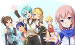  3girls blonde_hair blue_eyes blue_hair blush breasts brown_hair cosplay costume_switch crossdressing detached_sleeves green_eyes green_hair hair_between_eyes hair_ornament hair_ribbon hairclip hatsune_miku hatsune_miku_(cosplay) headphones kagamine_len kagamine_len_(cosplay) kagamine_rin kagamine_rin_(cosplay) kaito kaito_(cosplay) long_hair long_sleeves medium_breasts megurine_luka megurine_luka_(cosplay) meiko meiko_(cosplay) midriff multiple_boys multiple_girls necktie open_mouth pink_hair ponytail ribbon sanndo scarf simple_background skirt smile twintails very_long_hair vocaloid 