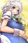  :d bangs black_eyes blue_dress blush bow braid breasts commentary_request dress from_side green_bow hair_bow highres izayoi_sakuya large_breasts looking_at_viewer looking_to_the_side maid maid_headdress open_mouth puffy_short_sleeves puffy_sleeves short_sleeves silver_hair smile solo touhou twin_braids umigarasu_(kitsune1963) upper_body wrist_cuffs 