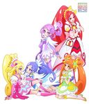  blonde_hair blue_hair cure_ace cure_diamond cure_heart cure_rosetta cure_sword dokidoki!_precure eye_contact kamikita_futago looking_at_another multiple_girls orange_hair pink_sleeves ponytail precure purple_hair red_hair sitting smile standing twintails yuri 