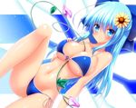  alternate_breast_size between_breasts bikini blue_bikini blue_dress blue_eyes blue_hair bow breasts cirno dress fairy_wings flower hair_bow hidden_star_in_four_seasons ice ice_wings large_breasts long_hair looking_at_viewer older osashin_(osada) plant shiny shiny_skin side-tie_bikini smile solo sunflower swimsuit tanned_cirno touhou vines wings 