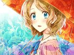  blonde_hair blue_eyes blue_ribbon blush dress floral_background hair_ornament hairclip kanimaru parasol pink_dress pokemon pokemon_(anime) ribbon serena_(pokemon) short_hair solo umbrella upper_body 