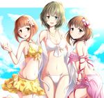  bikini bikini_skirt blue_eyes brown_hair frilled_bikini frills front-tie_top girl_sandwich green_eyes heterochromia idolmaster idolmaster_cinderella_girls kitami_yuzu mole mole_under_eye multiple_girls pink_bikini ram_hachimin sakuma_mayu sandwiched sarong short_hair swimsuit takagaki_kaede white_bikini yellow_bikini 