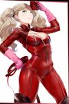  aqua_eyes ass_visible_through_thighs blonde_hair border breasts character_name cleavage commentary contrapposto covered_navel gloves hews_hack holding holding_mask lips looking_at_viewer mask mask_removed medium_breasts persona persona_5 red_border solo standing takamaki_anne textless twintails whip white_background 