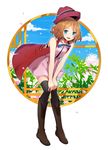  blonde_hair blue_eyes boots brown_footwear cherry_blossoms dress hat knee_boots millgua pokemon pokemon_(anime) pokemon_xy_(anime) serena_(pokemon) short_hair sleeveless_duster thighhighs 