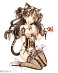  animal_ears arm_garter bangs bare_shoulders blush bow breasts brown_bow brown_eyes brown_hair brown_legwear cake cat_ears cat_tail commentary_request corset cream cream_on_face eyebrows_visible_through_hair finger_licking food food_on_face food_themed_clothes full_body garter_straps hair_bow hand_up high_heels highres holding holding_food lace lace-trimmed_thighhighs licking lingerie long_hair looking_at_viewer mana_(418208360) medium_breasts official_art open_mouth original panties shoes simple_background solo striped striped_legwear striped_panties tail tareme thighhighs two_side_up underwear white_background white_footwear wrist_cuffs 