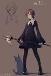  absurdres bell bell_collar black_dress bow brown_hair cat collar collared_dress commentary_request dress fantasy frown gem green_eyes highres holding horns original pantyhose shoes short_hair skull staff wide_sleeves witch zennosuke 
