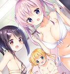  bikini blonde_hair blush breasts brown_eyes character_request covering covering_breasts crossed_arms double_bun embarrassed green_eyes hair_ornament hairclip jk_shousetsuka_poi kurou_(quadruple_zero) large_breasts looking_at_viewer multiple_girls open_mouth original pink_hair purple_eyes purple_hair short_hair swimsuit topless twintails white_bikini 
