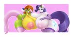  2017 angela_(badgerben) anthro anthrofied areola armpits armwear big_breasts blue_eyes breasts clothed clothing cutie_mark duo equine eyelashes eyeshadow female friendship_is_magic hair hat horn huge_breasts hyper hyper_breasts hyperstorm_h lactating legwear looking_at_viewer makeup mammal milk mr.pink my_little_pony one_eye_closed open_mouth party_hat rarity_(mlp) scalie unicorn 