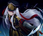  altair_(re:creators) armband gauntlets hat long_hair military military_uniform re:creators red_eyes saber_(weapon) sash shako_cap sword takeko_spla uniform very_long_hair weapon white_hair 