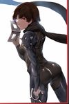  ass border brown_eyes brown_hair character_name commentary hews_hack holding holding_mask lips mask niijima_makoto persona persona_5 red_border scarf short_hair shoulder_armor simple_background skin_tight solo spaulders 