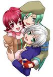  1girl 2boys aqua_eyes belt breasts coat fingerless_gloves gloves green_hair grey_eyes hat iria_animi midriff multiple_boys open_mouth red_eyes red_hair ruca_milda scarf short_hair silver_hair spada_belforma tales_of_(series) tales_of_innocence 