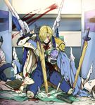  almiria_bauduin armor blonde_hair blood blood_from_mouth blood_on_face blood_on_wall bloody_clothes bodysuit book cape character_doll closed_mouth gun gundam gundam_bael gundam_tekketsu_no_orphans helmet holding knee_pads knife kono_sanorou looking_down male_focus mcgillis_fareed spoilers weapon 