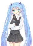  aqua_eyes babouo bad_id bad_pixiv_id black_gloves blue_hair cowboy_shot gloves hatsune_miku horns long_hair looking_at_viewer mask simple_background skirt solo twintails very_long_hair vocaloid white_background 