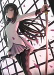  akemi_homura argyle argyle_legwear black_hairband black_legwear breasts closed_mouth expressionless foreshortening frilled_skirt frills from_below hairband highres holding holding_sword holding_weapon katana long_hair long_sleeves looking_at_viewer looking_down mahou_shoujo_madoka_magica motion_blur outstretched_arm pantyhose petals pink_skirt purple_eyes purple_ribbon ribbon scabbard see-through sheath shirt siraha skirt small_breasts solo standing sword unsheathed very_long_hair weapon white_shirt 
