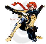  90s angry arrow belt bodysuit boots bow_(weapon) breasts crossbow darthzara earrings engrish fighting_stance g.i._joe gloves green_eyes gun handgun holster insignia jewelry kneeling logo muscle oldschool ponytail ranguage red_hair scarlett_(g.i._joe) sheath sheathed shouting soldier solo star sword toned uniform vest watermark weapon 