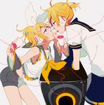  1girl blonde_hair blue_eyes bow brother_and_sister detached_sleeves eyelashes face-to-face hair_bow hair_ornament hairclip headphones highres incest kagamine_len kagamine_rin looking_at_another makoji_(yomogi) nail_polish sailor_collar short_hair shorts siblings speaker string_phone tongue tongue_out twincest twins vocaloid wire 
