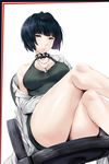  black_hair blue_hair blush breasts brown_eyes choker cleavage collarbone commentary crossed_legs dress green_dress halter_top halterneck hews_hack jewelry labcoat large_breasts lips looking_at_viewer nail_polish necklace parted_lips persona persona_5 short_hair solo takemi_tae 