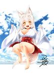  animal_ear_fluff animal_ears bare_legs barefoot breasts cleavage cloud eyebrows_visible_through_hair fox_ears fox_girl fox_tail japanese_clothes kohaku_(yua) large_breasts long_hair miko original signature silver_hair sky solo tail thick_eyebrows wide_sleeves yellow_eyes yua_(checkmate) 