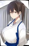  breasts brown_eyes brown_hair hair_between_eyes hakama_skirt huge_breasts isshiki_(ffmania7) japanese_clothes kaga_(kantai_collection) kantai_collection long_hair looking_at_viewer no_armor side_ponytail solo tasuki twitter_username upper_body 