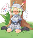  blush boots closed_eyes commentary_request drooling erection erection_under_clothes futanari glasses green_hair hat hat_feather heavy_breathing helmet highres japari_symbol kemono_friends long_hair mirai_(kemono_friends) penis pith_helmet solo translation_request tree under_tree unicsourse 