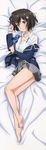  absurdres barefoot bed_sheet black_hair blue_jacket blush brown_eyes bunny_hair_ornament collarbone dakimakura dress_shirt eyebrows_visible_through_hair from_above full_body grey_skirt hair_ornament highres huge_filesize jacket kono_bijutsubu_niwa_mondai_ga_aru! legs looking_at_viewer lying miniskirt on_side open_clothes open_jacket open_shirt pleated_skirt shirt short_hair skirt smile solo usami_mizuki white_shirt 