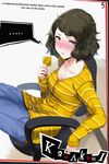  1girl blush breasts brown_eyes brown_hair chair cleavage collarbone commentary condom_wrapper embarrassed hews_hack kawakami_sadayo medium_breasts messy_hair persona persona_5 solo 