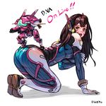  all_fours artist_name bangs blue_bodysuit bodysuit boots bracer breasts brown_eyes brown_hair character_name d.va_(overwatch) facepaint facial_mark from_side full_body gloves hand_on_own_arm headphones highres jeon_yong_jin long_hair looking_at_viewer mecha medium_breasts meka_(overwatch) on_floor open_mouth overwatch pauldrons pilot_suit pink_lips ribbed_bodysuit shoulder_pads simple_background skin_tight solo teeth thigh_boots thigh_strap thighhighs tongue whisker_markings white_background white_footwear white_gloves 