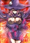  &gt;:) absurdres bare_shoulders black_gloves black_sclera blazblue blazblue:_central_fiction breast_hold breasts cape cleavage cowboy_shot detached_sleeves eyes_visible_through_hair gloves hair_over_one_eye hat highres karadborg konoe_a_mercury large_breasts long_hair long_sleeves looking_at_viewer parted_lips pink_hair smile solo thigh_gap tsurime v-shaped_eyebrows very_long_hair wide_sleeves witch_hat yellow_eyes 