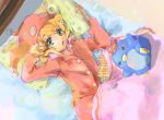  1girl blanket blonde_hair cabbie_hat commentary_request dinef female green_eyes hat highres long_hair looking_at_viewer open_mouth pillow red_hat rockman rockman_dash roll_caskett sleepwear solo 
